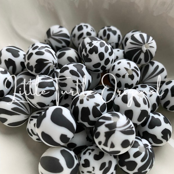 15mm Cow Silicone Beads, Cow Print Silicone Beads, Animal Print Beads, Silicone Beads, silicone beads for keychains