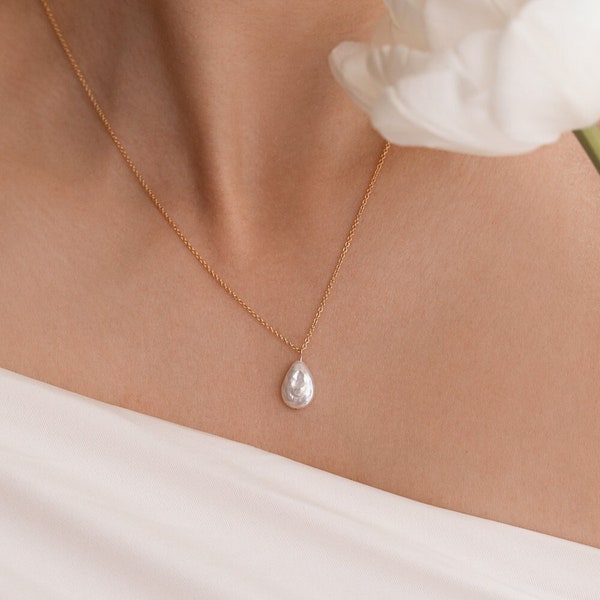 Dainty teardrop baroque pearl necklace, natural water drop pearl pendant, small flat droplet pearls, wedding, bridal pearl, gold filled, 925