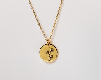 Collar con moneda y flor del mes de nacimiento: colgante de plata de ley y oro de 18 quilates