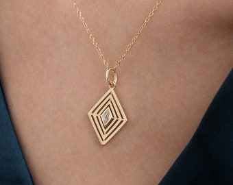 Rhombus art deco pendant, minimalist diamond clear cz necklace, geometric cut out pendant, diamond shaped, French vintage, April birthstone