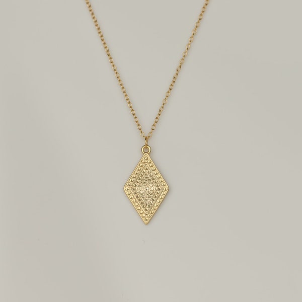 ALICE - Vintage style rhombus pendant gold coin necklace w/ bauble bobble beads beaded diamond shaped coin boho stacking geometric necklace