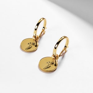 Birth Month Flower Earrings: Gold Coin Sterling Silver Huggie Hoops