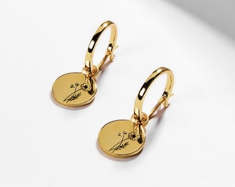 Birth Month Flower EARRINGS - dainty flower coin pendant gold huggie hoop earrings horoscope astrology birth month zodiac personalized gift