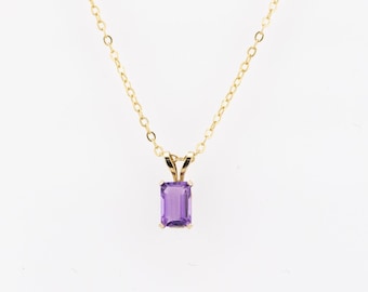 Small amethyst pendant, 14K solid gold, genuine, solitaire, natural amethyst, rectangle pendant, emerald cut, Feb birthstone, 925 chain