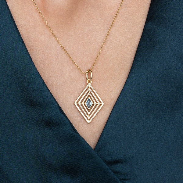 Art deco sapphire necklace, light blue cz pendant, minimalist, unique geometric, hollow cut out, vintage style, September, topaz birthstone