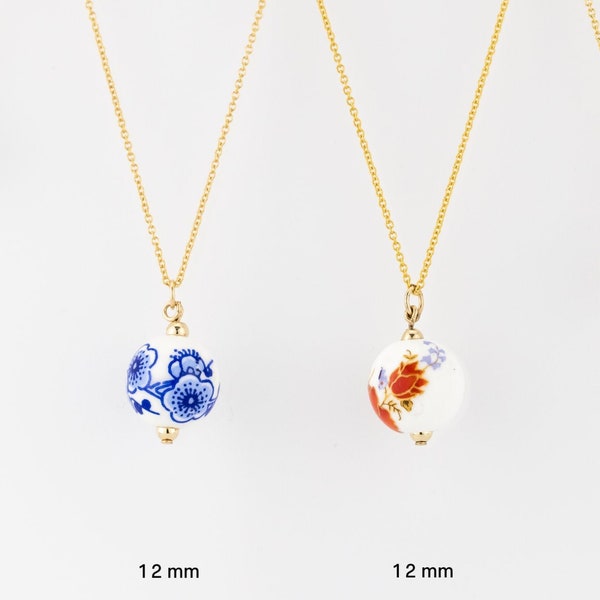 45cm chain, porcelain flower necklace, 14K gold filled, ceramic floral bead pendant, red, blue flower, china, vintage, handcrafted, 14KGF