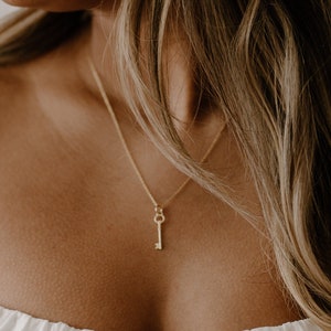 KEY - dainty vintage gold skeleton key pendant necklace, minimalist mini key necklace 925 silver boho small pendant gift valentines birthday