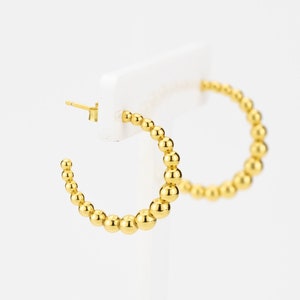 Gold Bead Crescent Hoop Earrings: 925 Sterling Silver