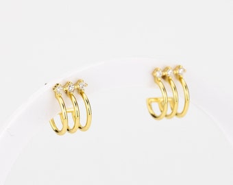 Layered cz mini hoop, 3 layer, 3 cz, huggie hoop earrings, dainty, stacked, small, gold hoop earring, tiny cz, boho hoops, bridal gift, 925