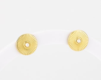 Sunbeam pearl studs, circle pearl studs, sun, , sunshine, radial coin earrings, vintage, shell pearls, minimalist, bridal gift, 925