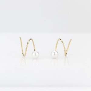Pearl double hoops, mini spiral twister, double piecing hoops,  faux fake double piecing, dainty pearl huggie earring, unique stacked 925