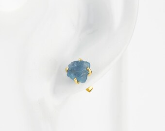 Raw Aquamarine Studs: 925 Sterling Silver Nugget Earrings