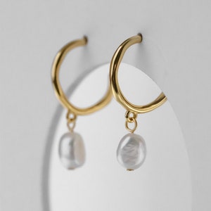 Pearl dangle hoops, dangling baroque pearl earrings, genuine pearls, c hoops, vintage gold hoops, bridal, wedding, bridesmaid, 925 silver