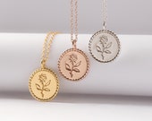 ROSALIE - Vintage Style Rose Coin Necklace, Gold Circle