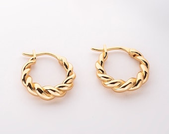 EMMA - Gold croissant twist rope mini dome hoop small bold earrings chunky weave spiral crescent Dôme entwine wreath rose gold vintage