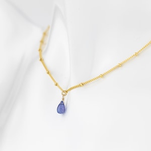 Dainty Tanzanite Teardrop Necklace: 14k Gold Filled Satellite Chain