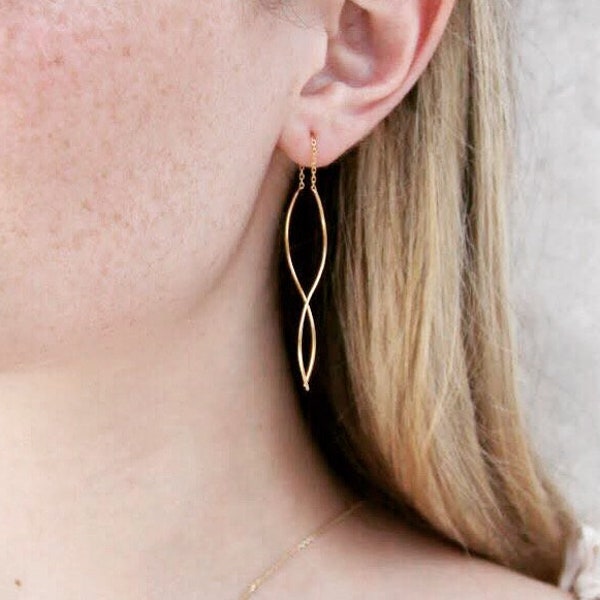 Dainty threader earrings, pull through, wire earrings, double layer earrings, wavy earrings, boho, lightweight, unique, dangle earrings, 925