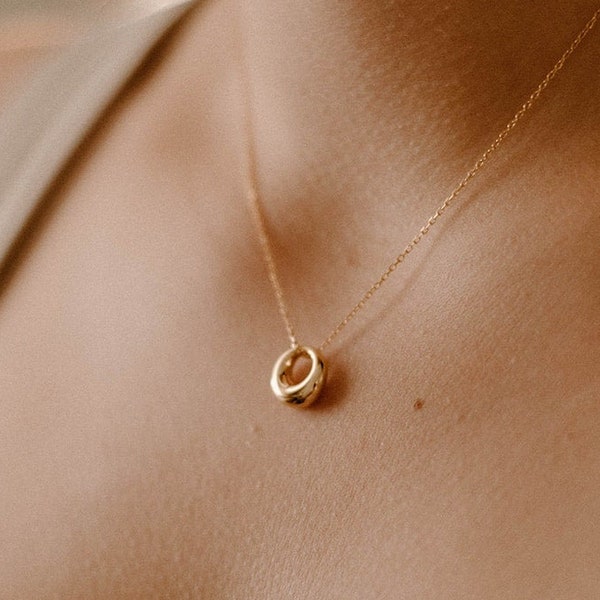 Gold Circle Pendant Necklace: Dainty Simple Sterling Silver Stacking Necklace