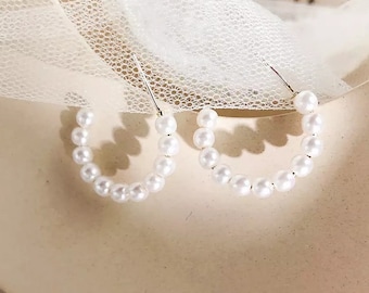 Mini Pearl Huggie Hoop Earrings: Sterling Silver Dainty Bridal Jewelry
