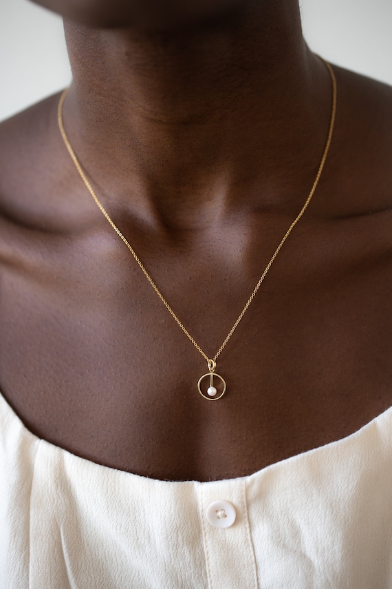 Dangling Pearl Circle Necklace Circle Pearl Pendant Small