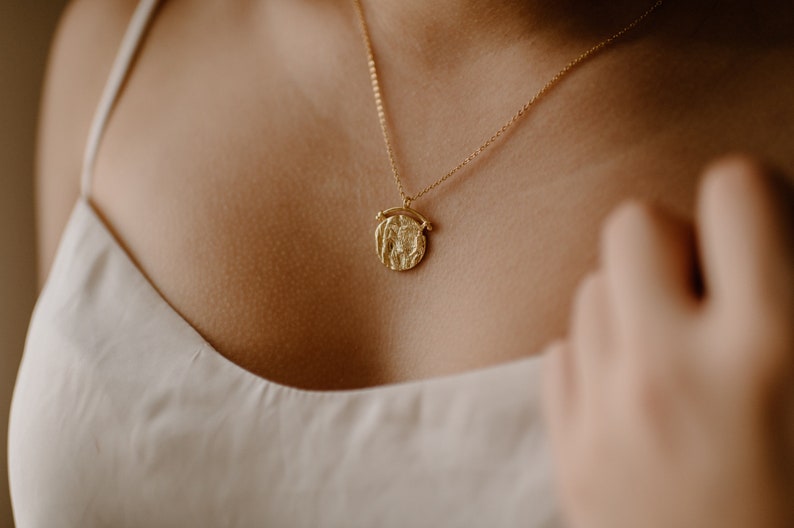 Model wears: "Harper," Gold Roman Coin Necklace: Vintage Medallion Arc Pendant, 925 Sterling Silver
