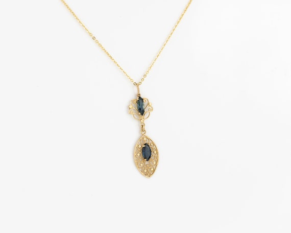 Vintage sapphire pendant, 14K solid gold, floral … - image 3