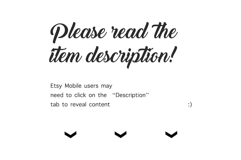 Puede incluir: Texto sobre un fondo blanco que dice "&iexcl;Por favor, lea la descripci&oacute;n del art&iacute;culo!" Los usuarios de Etsy Mobile pueden necesitar hacer clic en la pesta&ntilde;a "Descripci&oacute;n" para revelar el contenido. :)