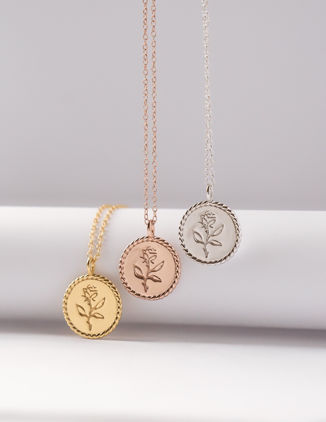 ROSALIE Vintage Style Rose Coin Necklace Gold Circle 