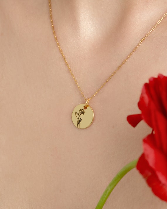 Birth Month Flower NECKLACE Dainty Birth Flower Coin Pendant