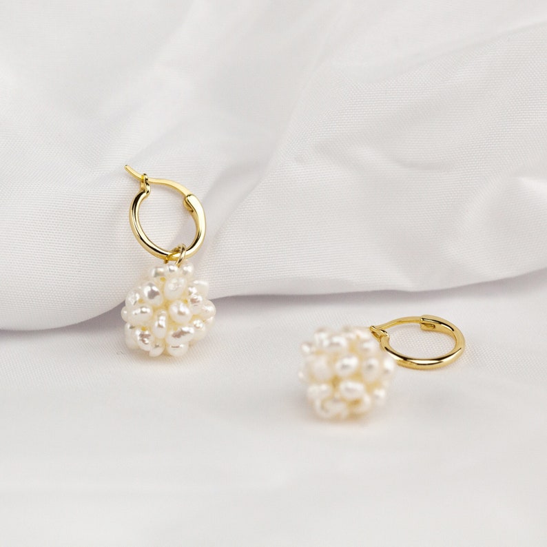 MAISIE Dainty gold mini hoops dangling cluster pearl huggie hoop French style baroque pearl earring boho bride wedding bridesmaid vintage image 2