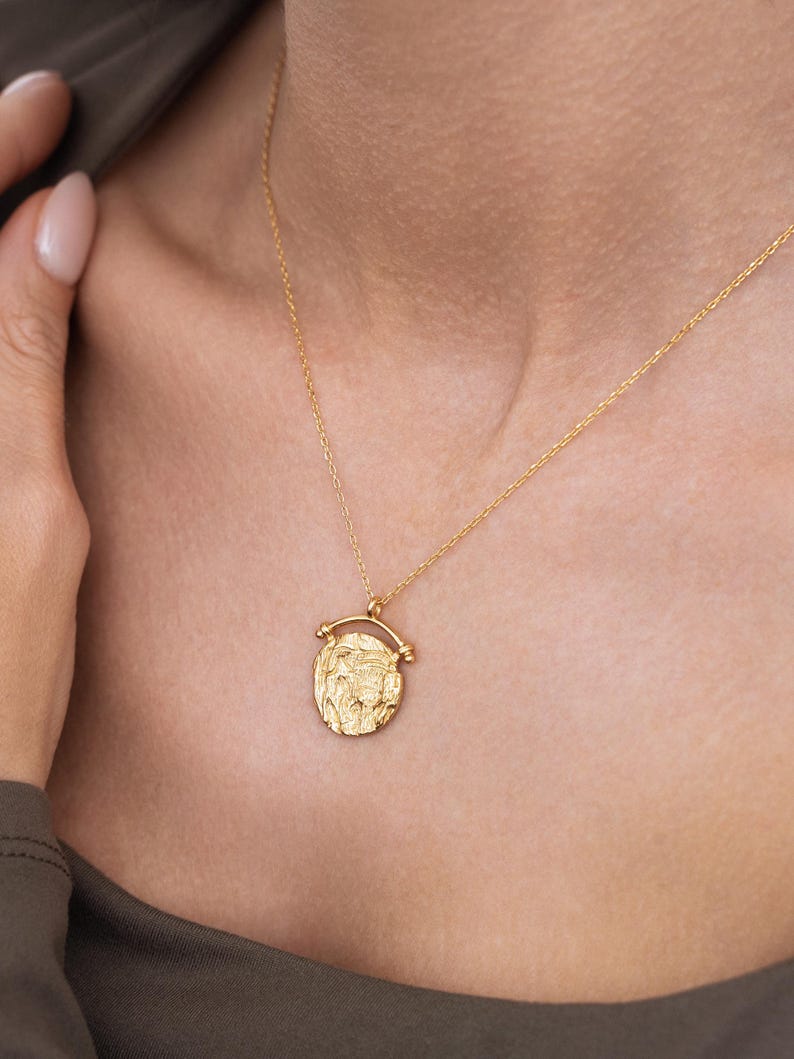 Model wears: "Harper," Gold Roman Coin Necklace: Vintage Medallion Arc Pendant, 925 Sterling Silver
