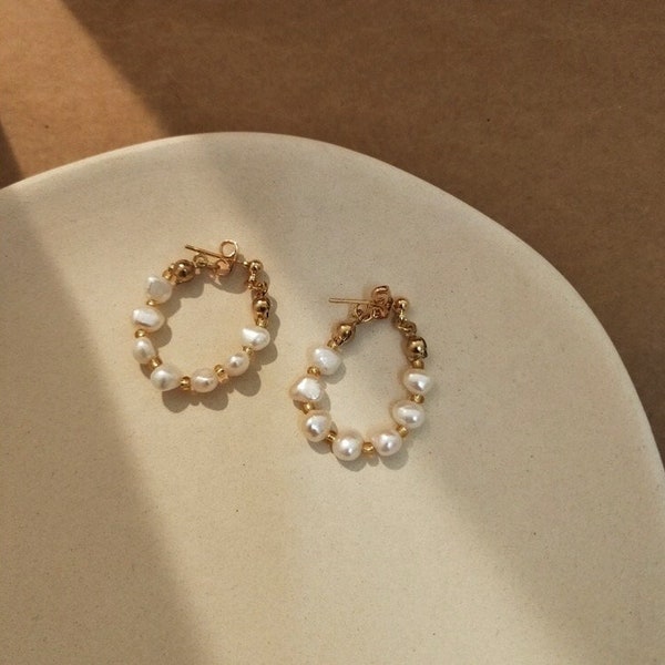 SADIE - French vintage style chain baroque pearl earrings hoop, 925 gold multi-way stud dangle earring boho bridal bridesmaid gift wedding