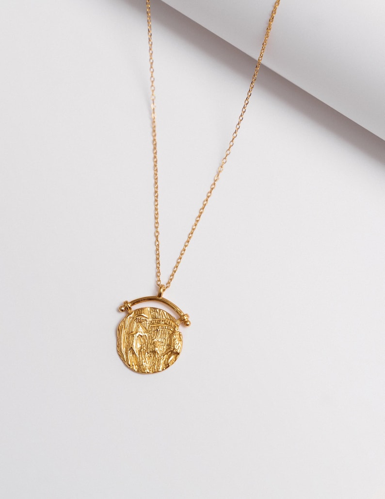 "Harper," Gold Roman Coin Necklace: Vintage Medallion Arc Pendant, 925 Sterling Silver