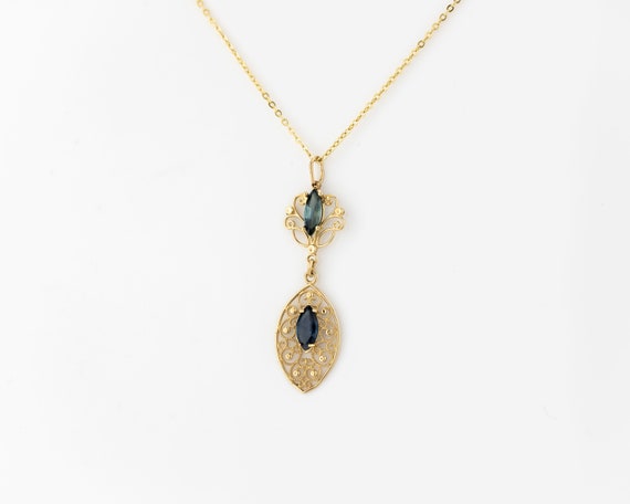 Vintage sapphire pendant, 14K solid gold, floral … - image 2