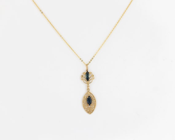 Vintage sapphire pendant, 14K solid gold, floral … - image 5