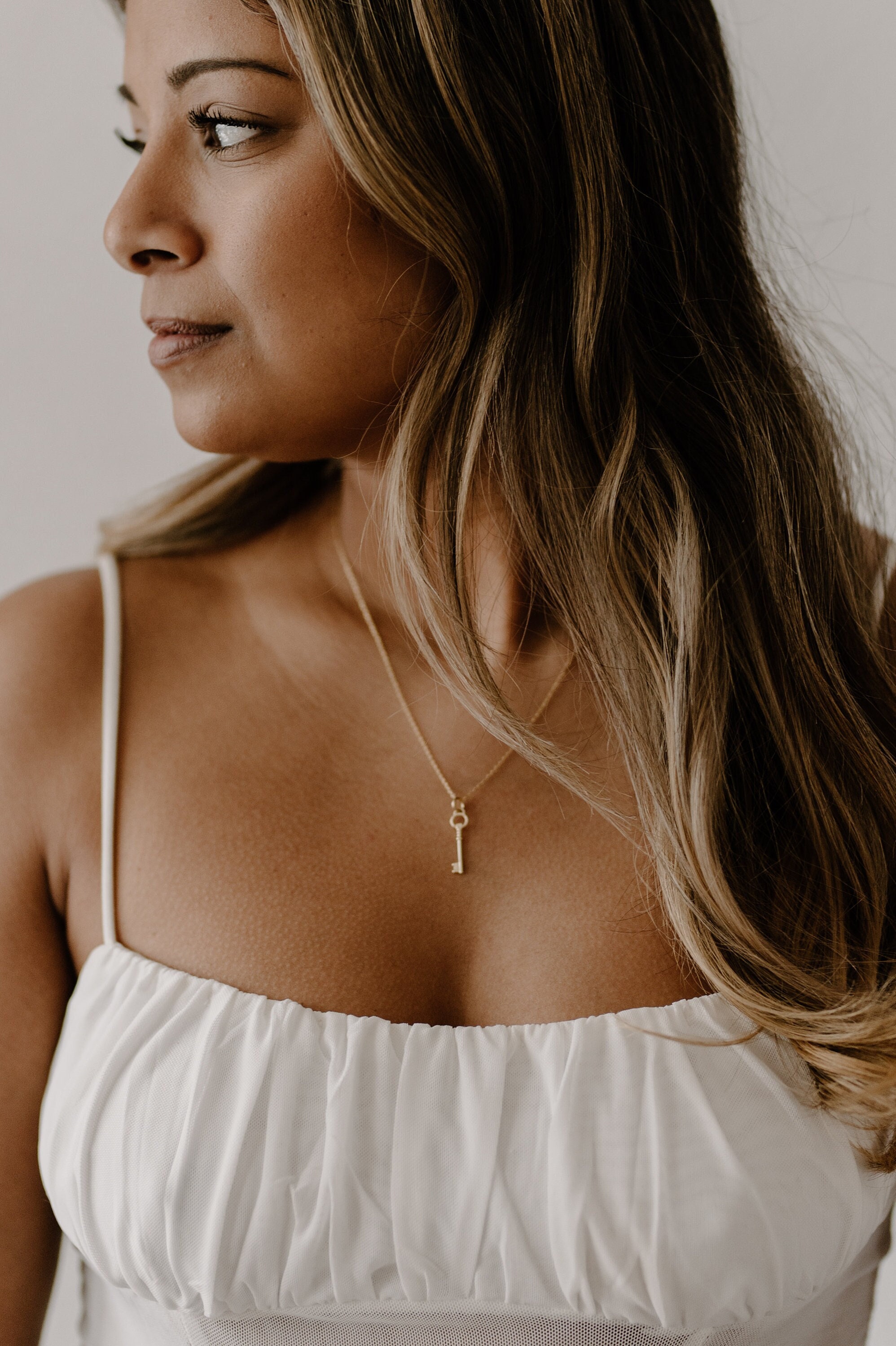 Gold Skeleton Key Pendant Necklace: Dainty Vintage Style, 925 Silver