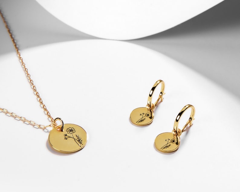 Birth Month Flower EARRINGS Dainty Flower Coin Pendant Gold - Etsy