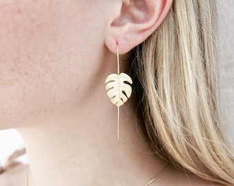 MONSTERA - Leaf plant drop wire earrings boho bride wedding monstera dainty gold leaf botanical earring unique jewelry 925 bridal gift