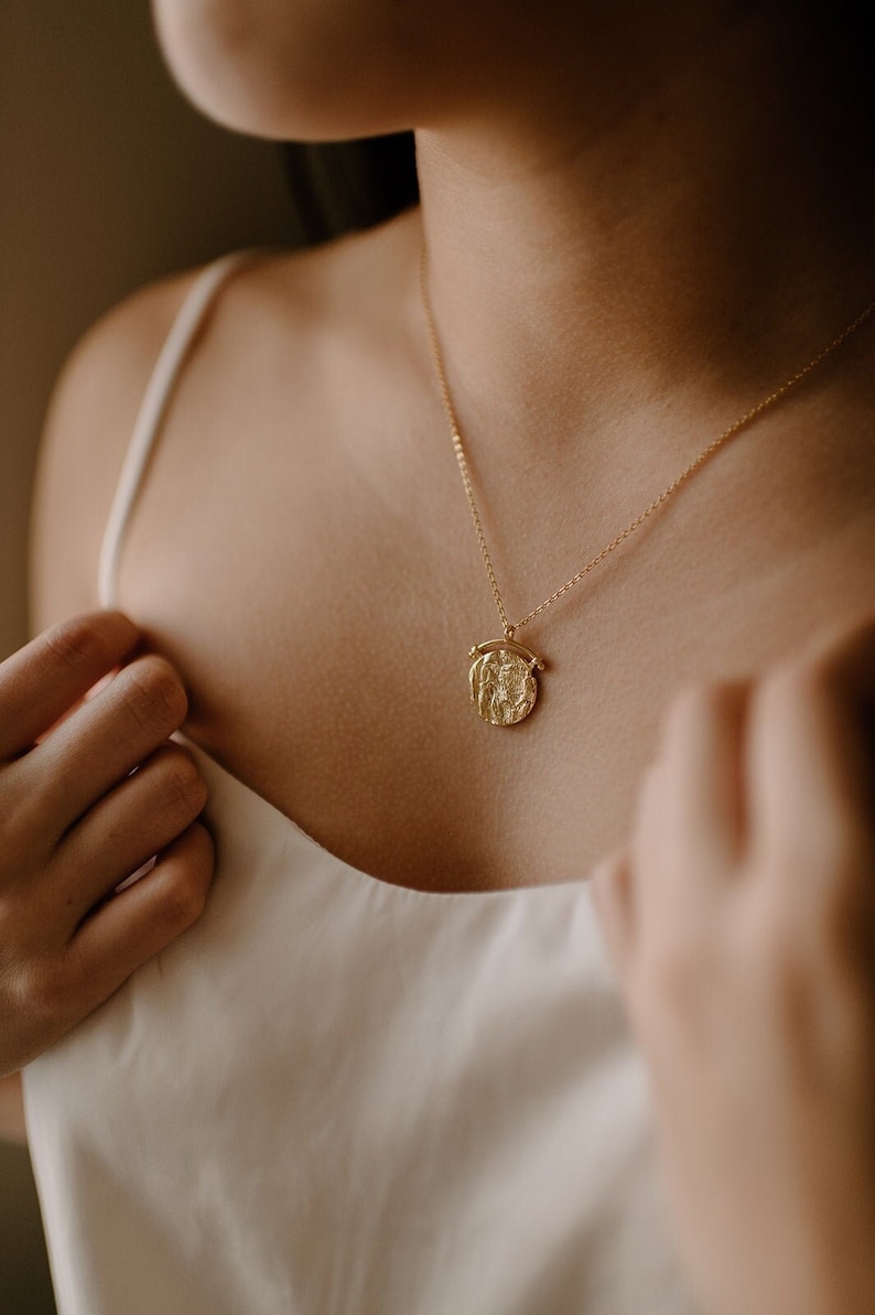 "Harper," Gold Roman Coin Necklace: Vintage Medallion Arc Pendant, 925 Sterling Silver