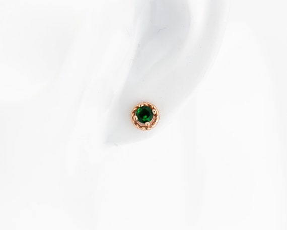 Rose Gold Emerald Green CZ Stud Earrings: Vintage Style 925 Silver
