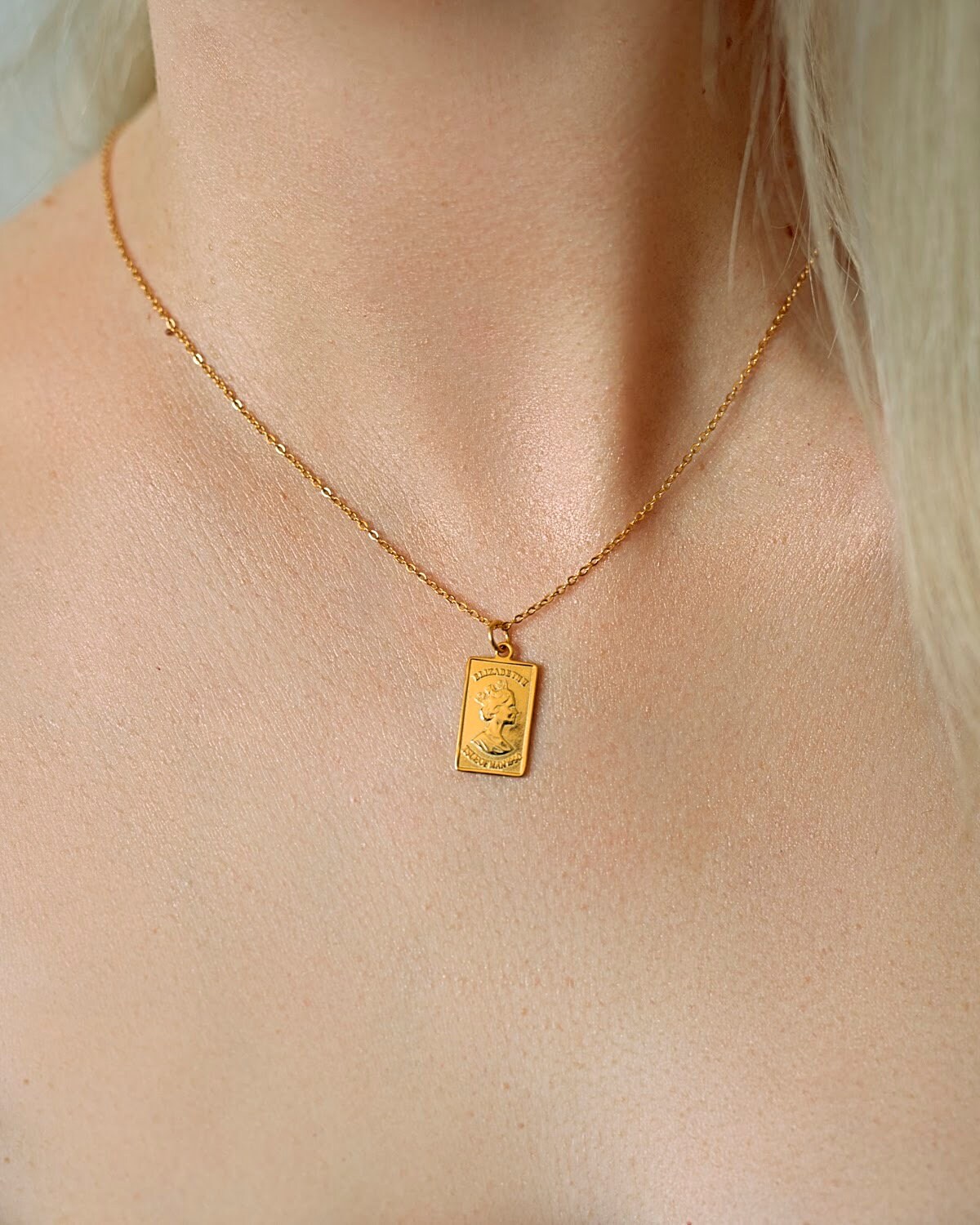 Elizabeth II Coin Necklace: Gold Rectangular Pendant