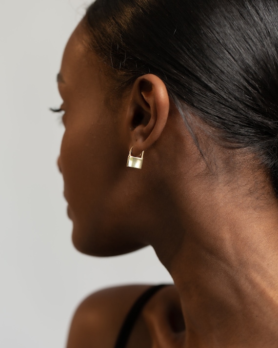 Gold Vermeil Lock Huggie Hoop Earrings: Dainty Padlock Charm