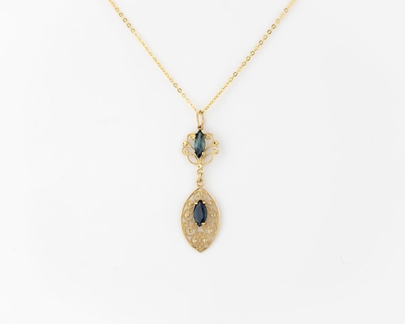 Vintage sapphire pendant, 14K solid gold, floral … - image 1