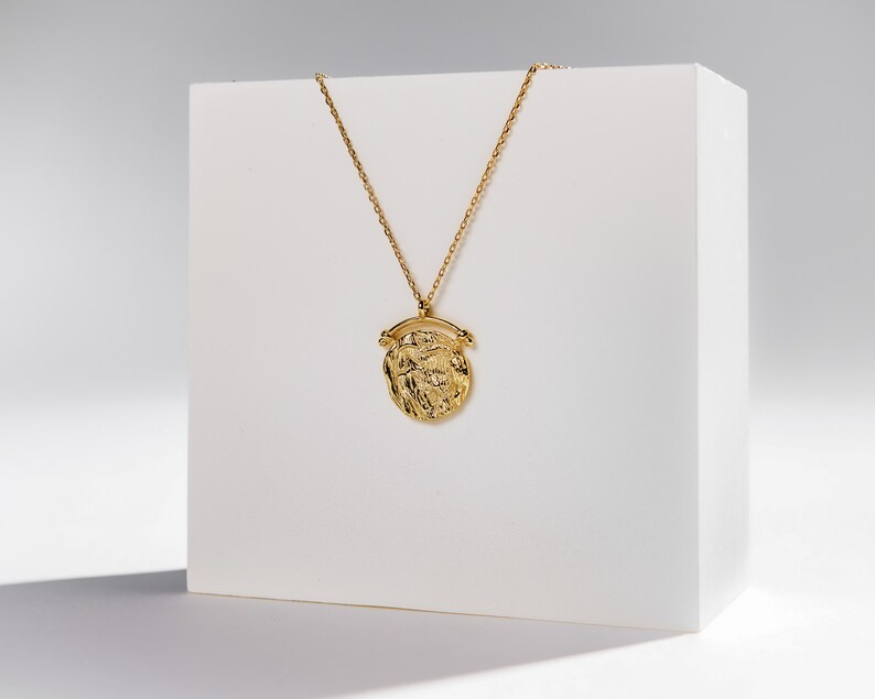 "Harper," Gold Roman Coin Necklace: Vintage Medallion Arc Pendant, 925 Sterling Silver