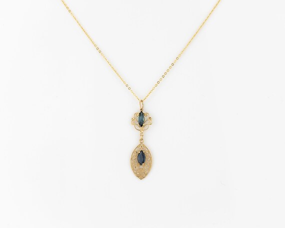 Vintage sapphire pendant, 14K solid gold, floral … - image 4