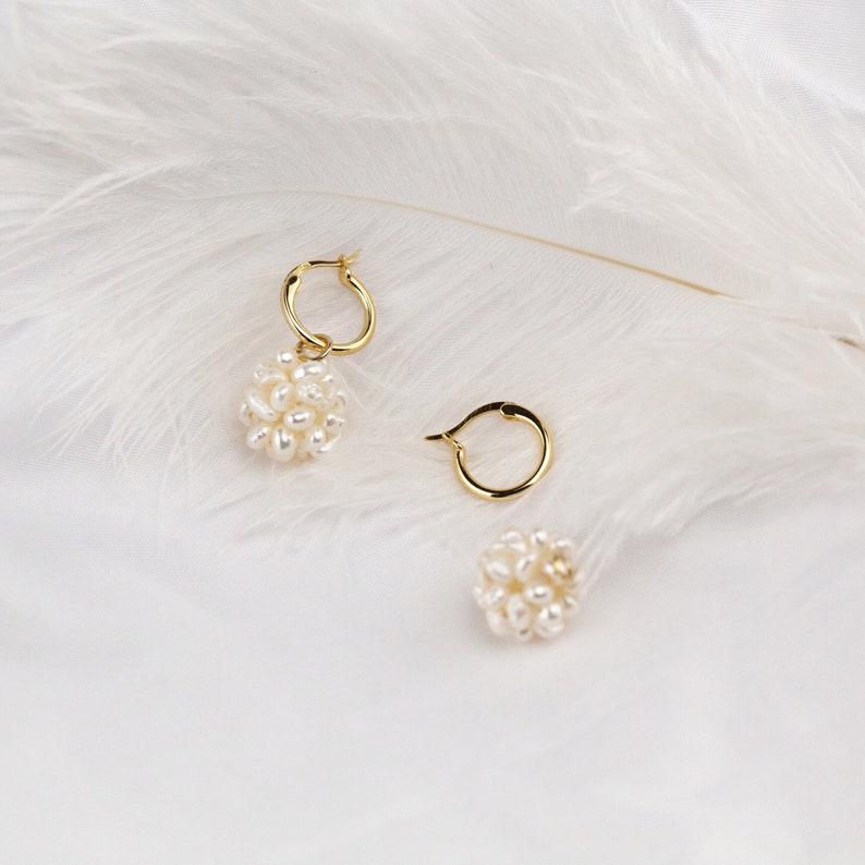 MAISIE Dainty gold mini hoops dangling cluster pearl huggie hoop French style baroque pearl earring boho bride wedding bridesmaid vintage image 3