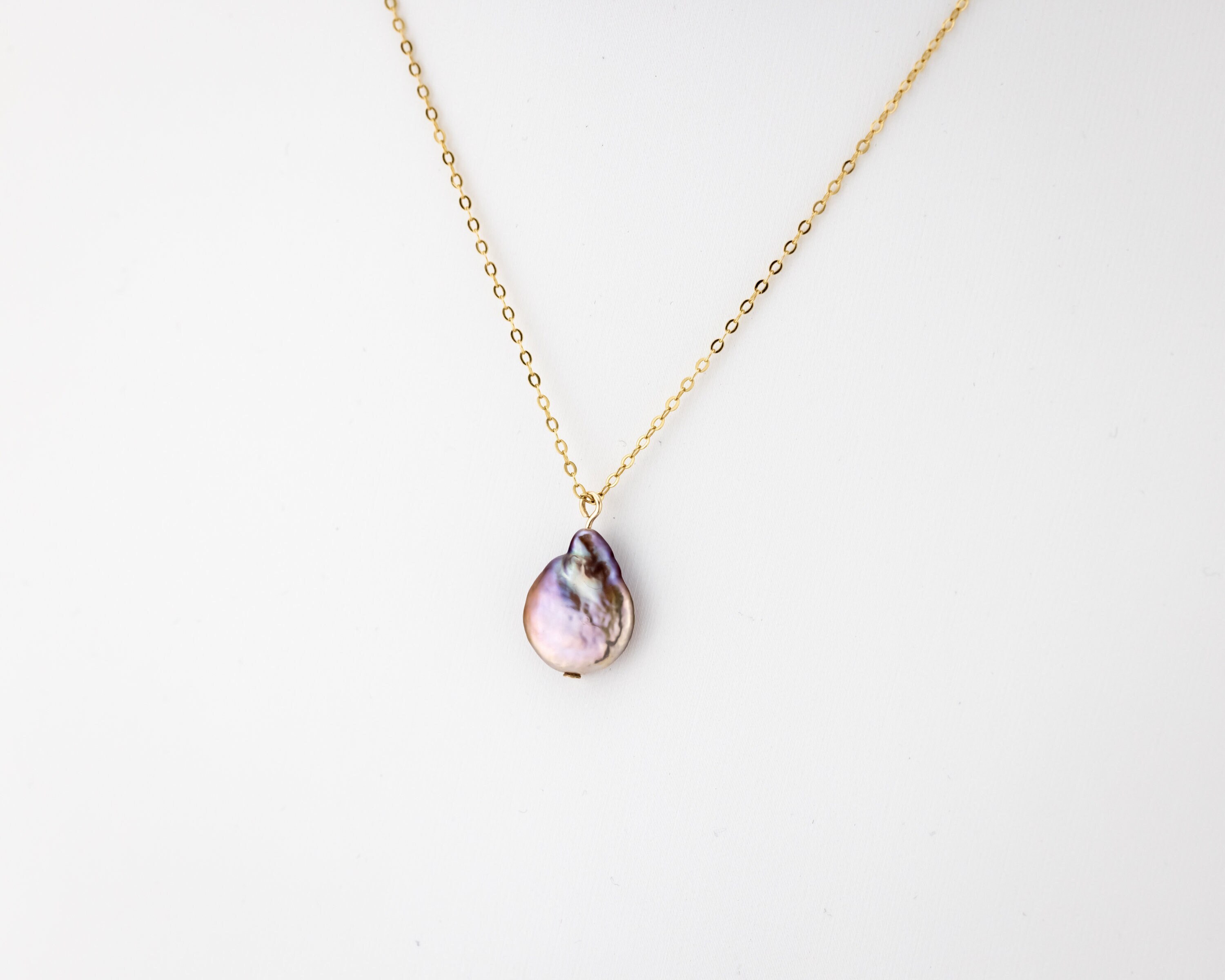 Purple Baroque Pearl Necklace: Edison Coin Pearl, Gold Filled Chain