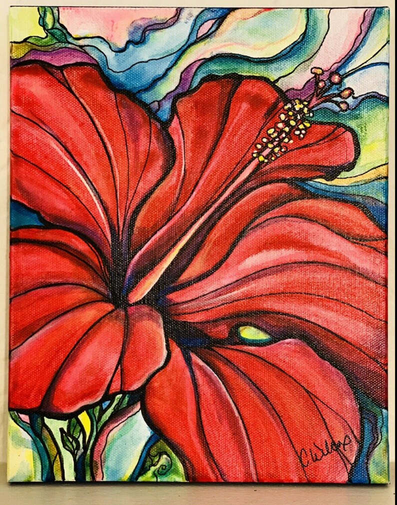 Original Painting By Colleen Wilcox Red Hibiscus Art Collectibles Painting Jan Takayama Com