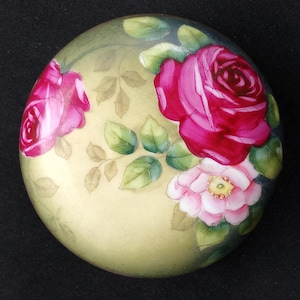 American Beauty signed vintage porcelain box with roses design. Awesome flowers round box. Jewelry trinket box in pink green gold colors