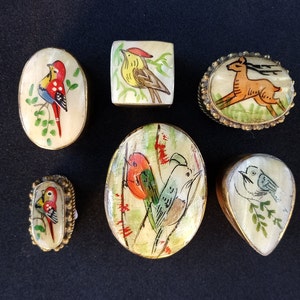 Indian nacar bird box, collection small pill boxes. Vintage India metal and shell. Original asian ancient jewelry box. Antiques collector.
